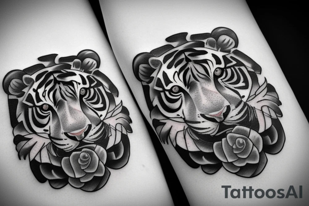 Tiger in the shield of the flowers tattoo idea