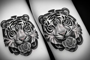 Tiger in the shield of the flowers tattoo idea