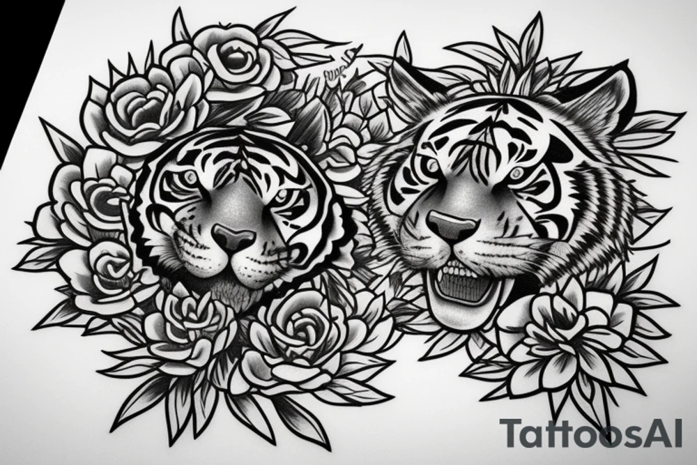 Tiger in the shield of the flowers tattoo idea