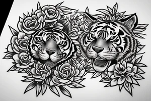 Tiger in the shield of the flowers tattoo idea