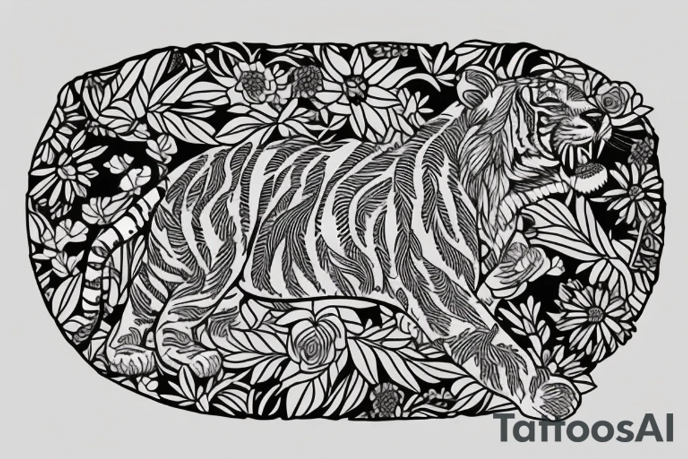 Tiger in the shield of the flowers tattoo idea