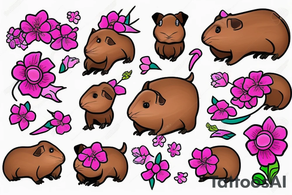 A guinea pig with pink flowers tattoo idea