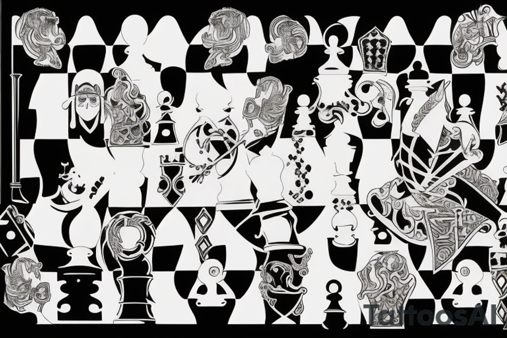 Chess white knight and black queen with a sand clock in the background tattoo idea