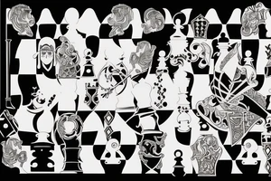 Chess white knight and black queen with a sand clock in the background tattoo idea
