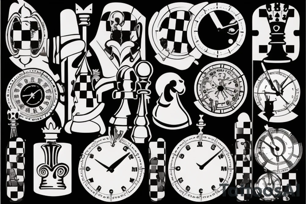 Chess white knight and black queen with a sand clock in the background tattoo idea