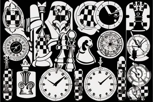 Chess white knight and black queen with a sand clock in the background tattoo idea