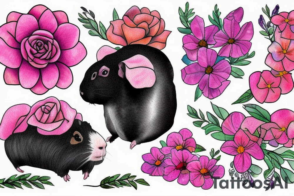 A guinea pig with pink flowers tattoo idea