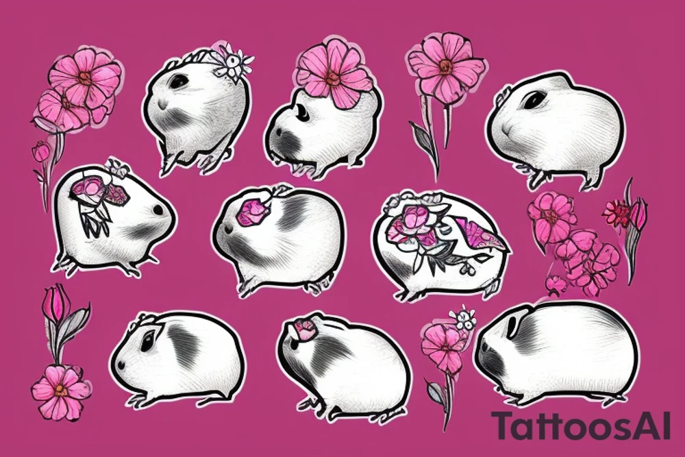 A guinea pig with pink flowers tattoo idea