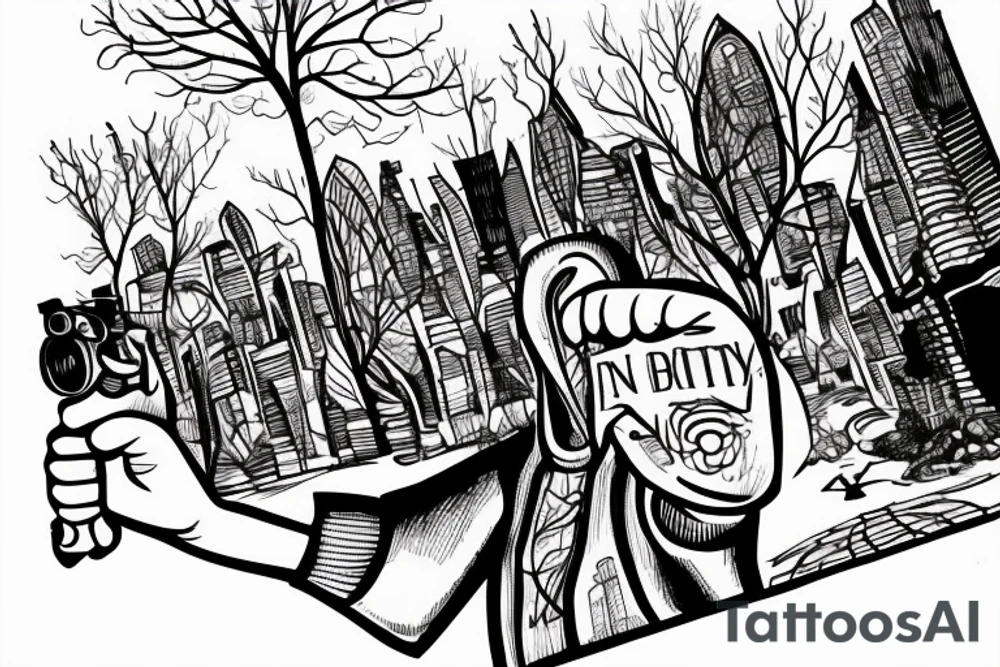 A man in a hood is walking along the road towards the city. He holds a camera in his hands. There is a tree nearby tattoo idea