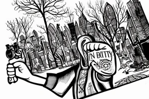 A man in a hood is walking along the road towards the city. He holds a camera in his hands. There is a tree nearby tattoo idea