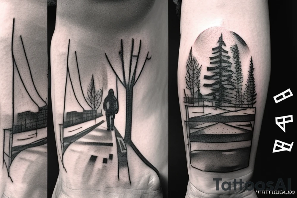 A man in a hood is walking along the road towards the city. He holds a camera in his hands. There is a tree nearby tattoo idea