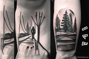 A man in a hood is walking along the road towards the city. He holds a camera in his hands. There is a tree nearby tattoo idea