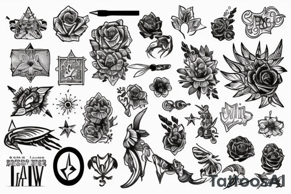 Дракон, черепа, цветы, линии tattoo idea