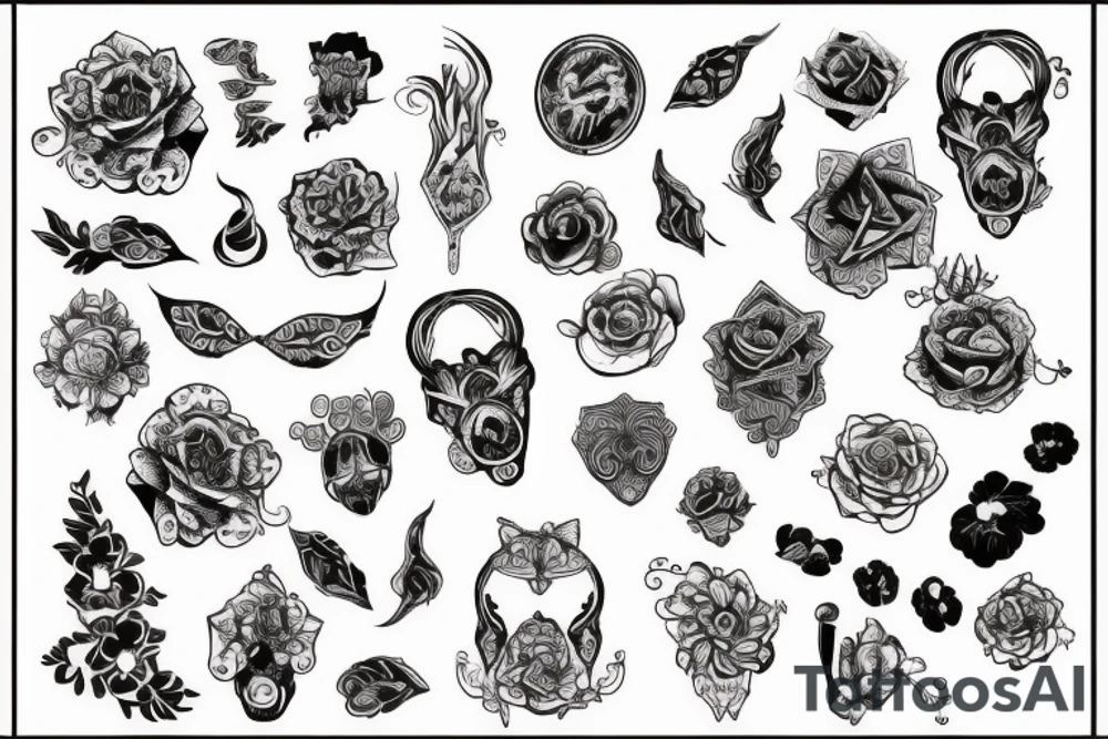Дракон, черепа, цветы, линии tattoo idea