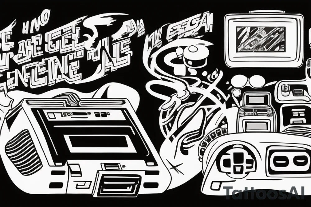 The sega mega drive is connected to a TV on the screen of which the phrase no future is displayed tattoo idea