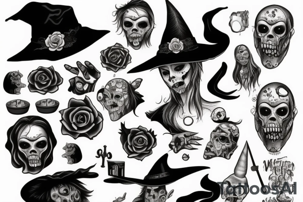 old zombie witch with melting pot tattoo idea