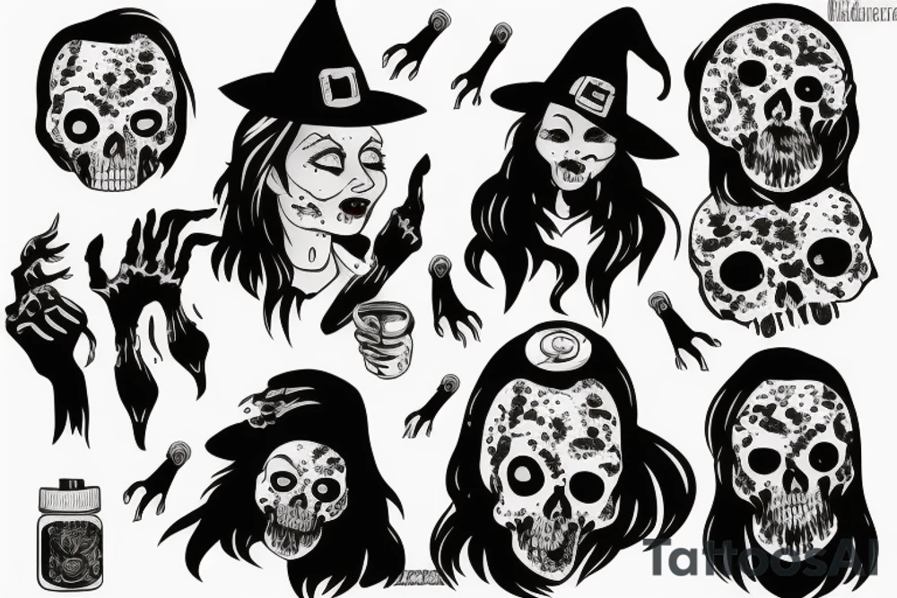 old zombie witch with melting pot tattoo idea