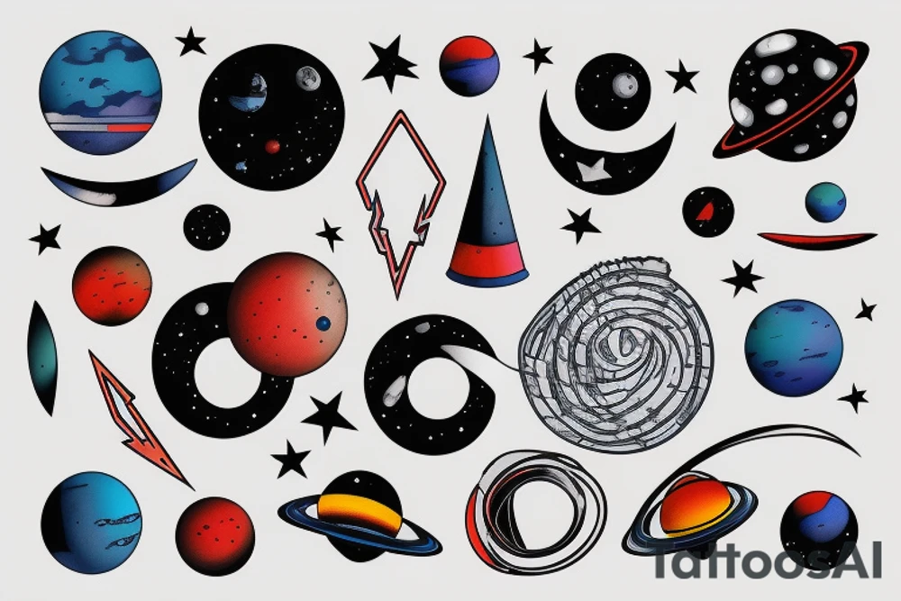 outer space triangle with blue red black colors tattoo idea