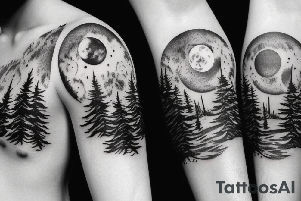 Wolf and moon with forest background tattoo idea