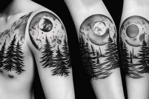 Wolf and moon with forest background tattoo idea