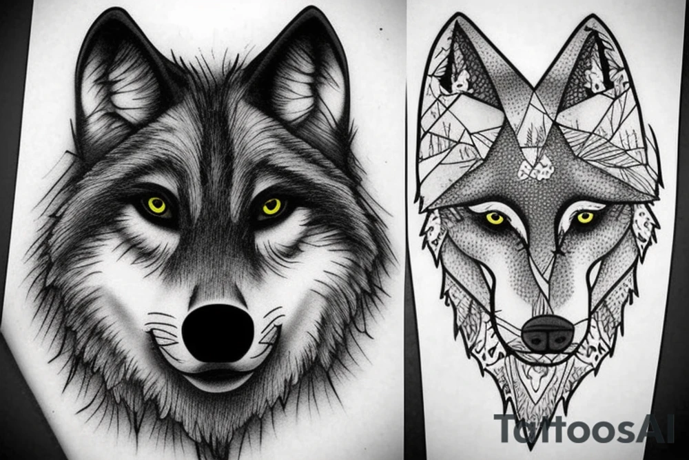 Wolf and moon with forest background tattoo idea