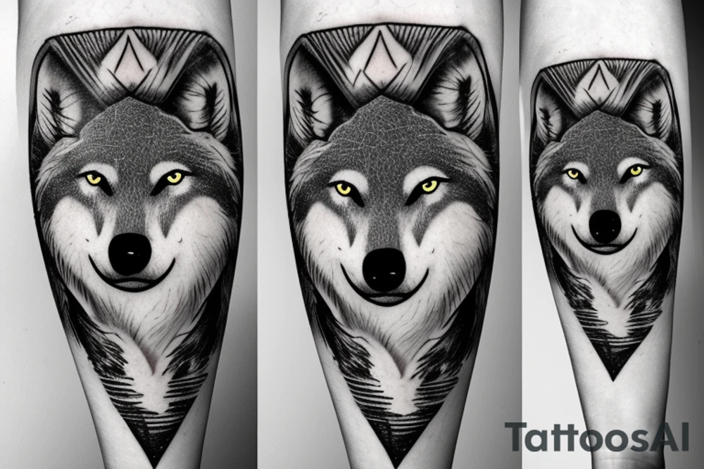 Wolf and moon with forest background tattoo idea