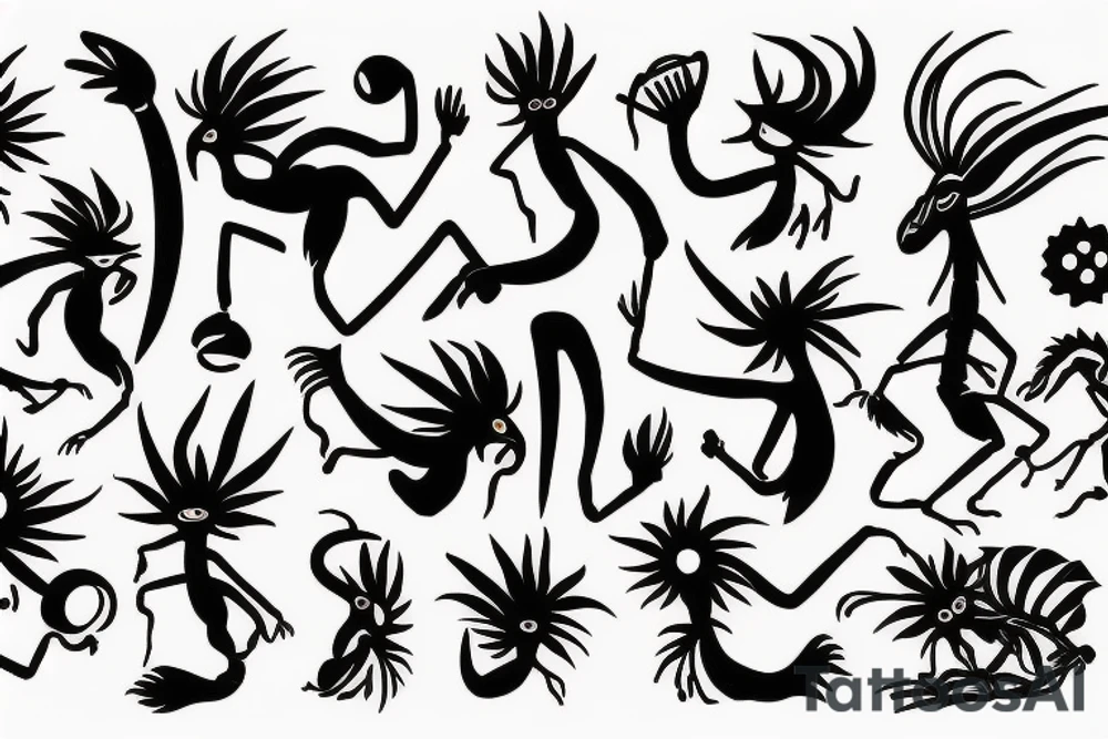 Two Kokopelli dancing under the sun tattoo idea