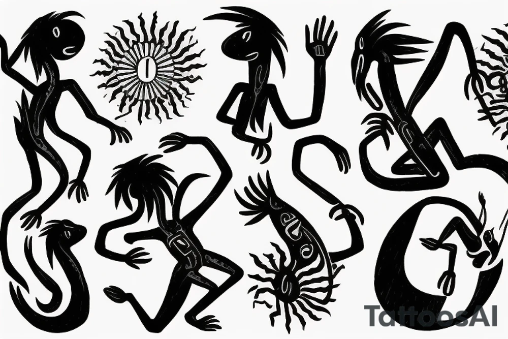 Two Kokopelli dancing under the sun tattoo idea