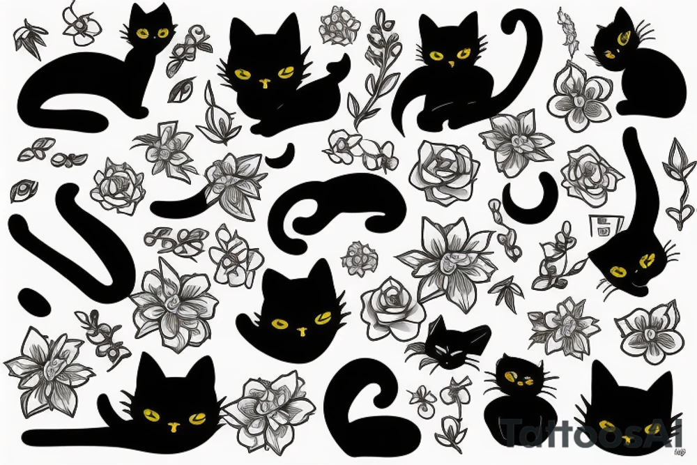 Black cat in flowers tattoo idea