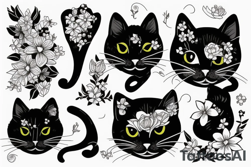 Black cat in flowers tattoo idea