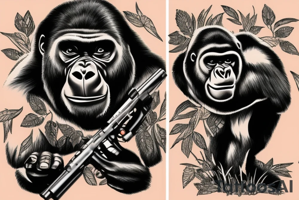 Gorilla in camouflage wear holding machine gun tattoo idea