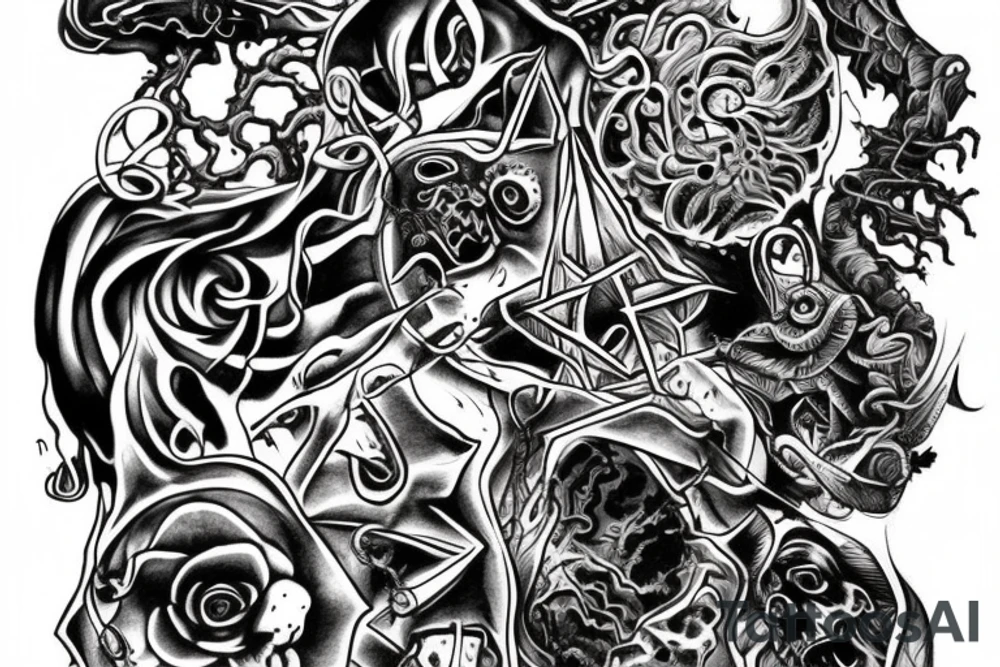 Dark lovecraftian cross with deep abyss tattoo idea