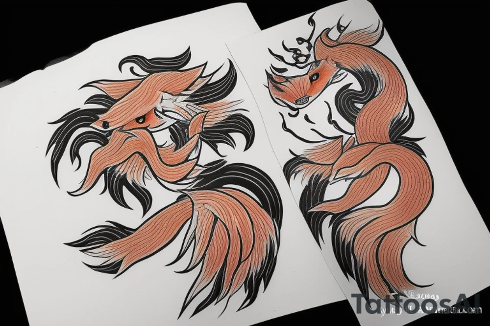 Nine-tailed fox in blooming flowers tattoo idea