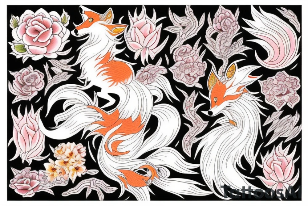 Nine-tailed fox in blooming flowers tattoo idea