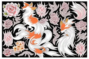 Nine-tailed fox in blooming flowers tattoo idea