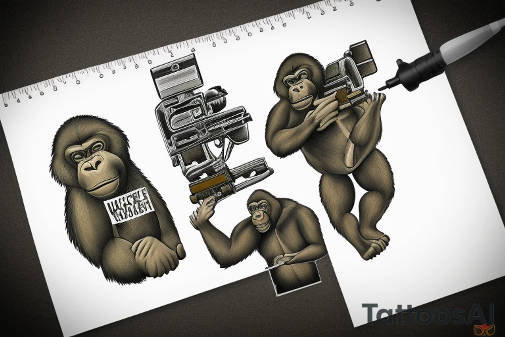 Gorilla in khaki uniform holding machine gun tattoo idea