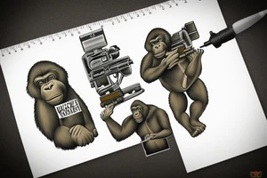 Gorilla in khaki uniform holding machine gun tattoo idea