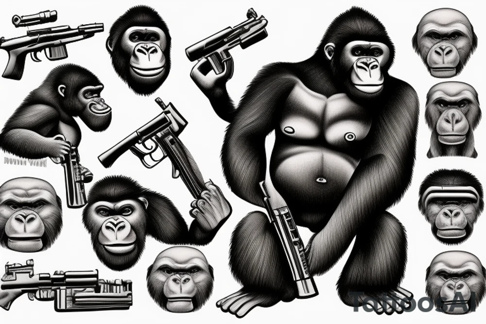 Gorilla in khaki uniform holding machine gun tattoo idea