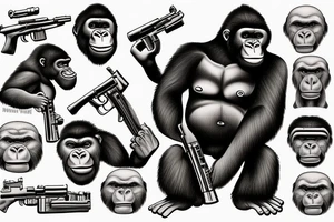 Gorilla in khaki uniform holding machine gun tattoo idea