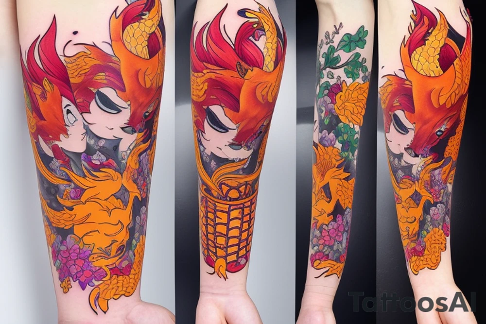 Nine-tailed fox in blooming flowers tattoo idea
