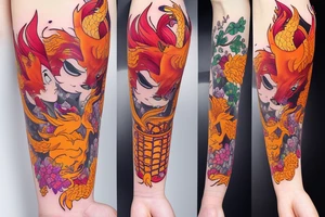 Nine-tailed fox in blooming flowers tattoo idea