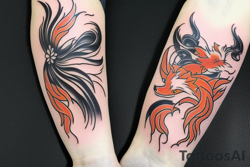 Nine-tailed fox in blooming flowers tattoo idea