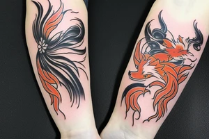 Nine-tailed fox in blooming flowers tattoo idea