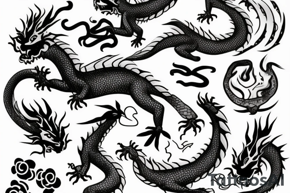 cute dragon, fire, sakura tattoo idea