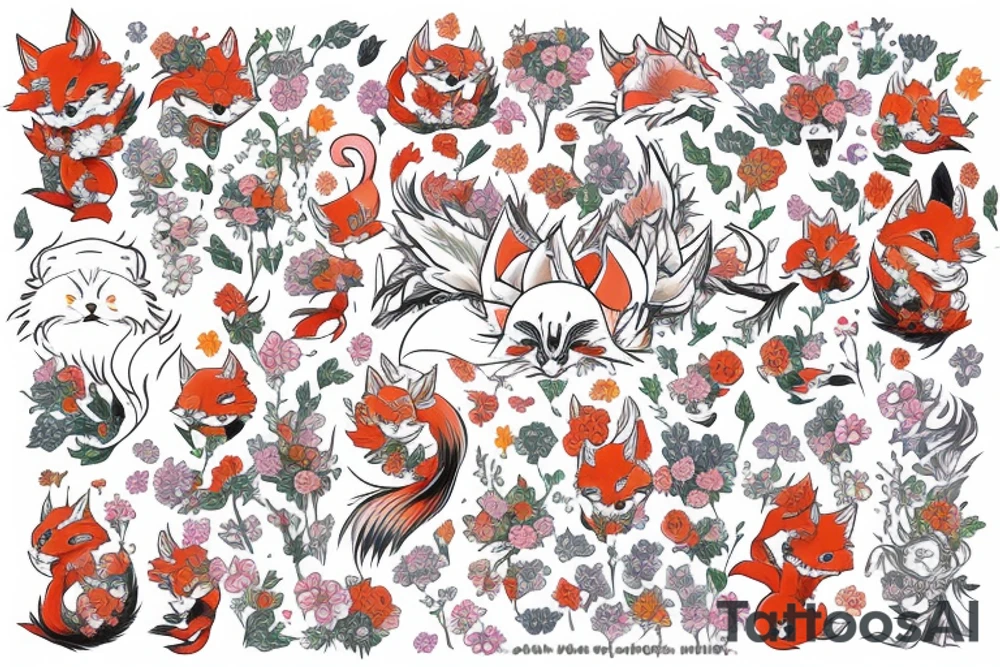 kitsune in blooming flowers tattoo idea