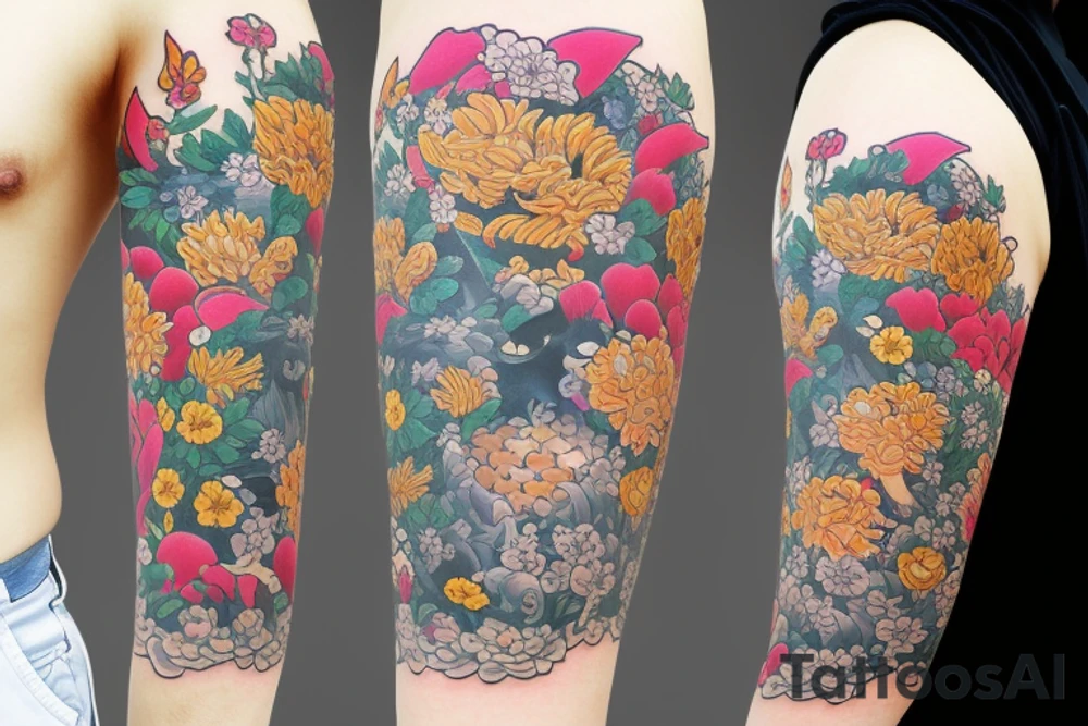 kitsune in blooming flowers tattoo idea