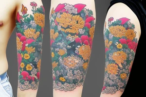 kitsune in blooming flowers tattoo idea