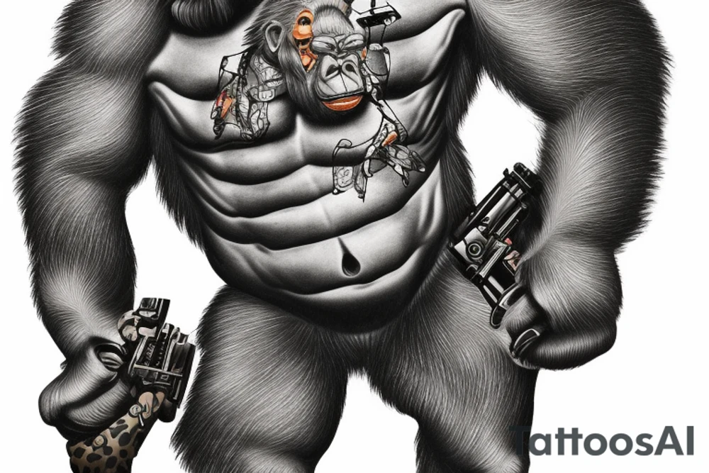 Gorilla in camouflage uniform holding machine gun tattoo idea
