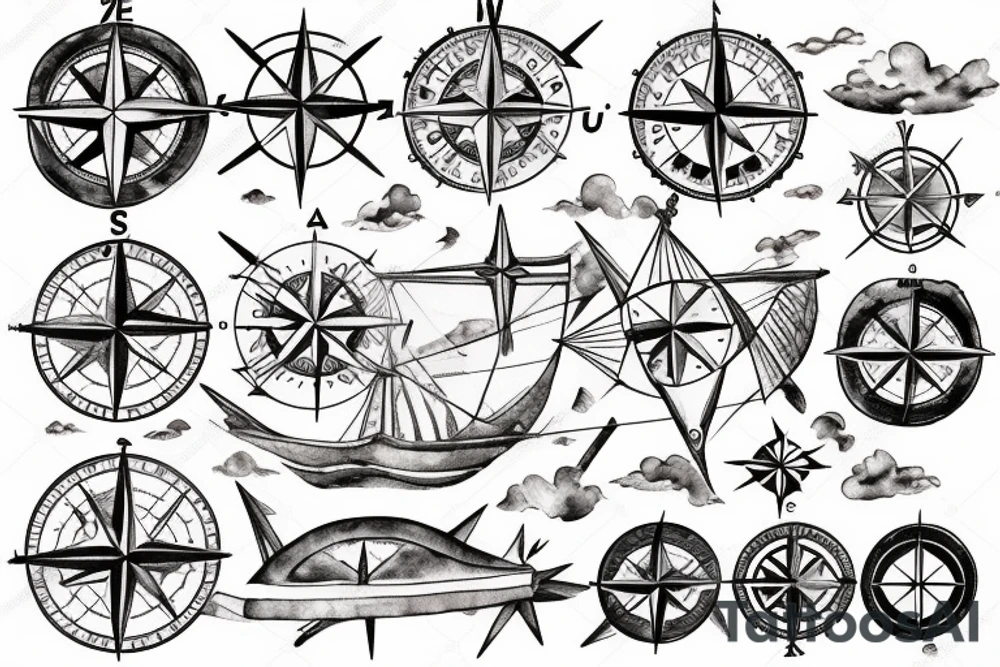 compass, world's map, plane, ship tattoo idea