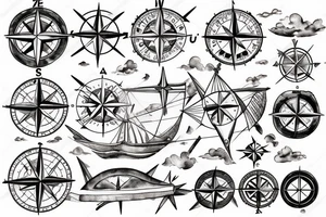 compass, world's map, plane, ship tattoo idea